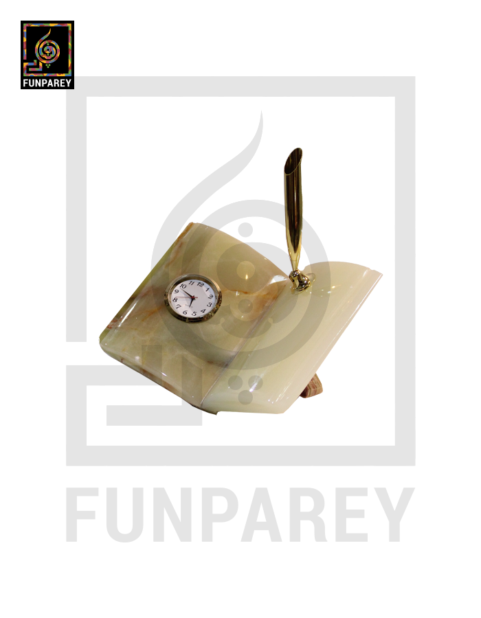 Onyx Stone Book Shaped Table Clock with Pen Holder