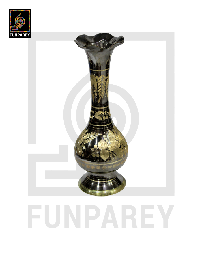 Handmade 14" Sleek Throat Brass Vase Pair 'Etched Pastoral'