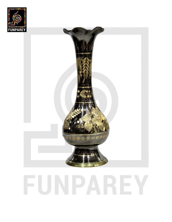 Handmade 14" Sleek Throat Brass Vase Pair 'Etched Pastoral'