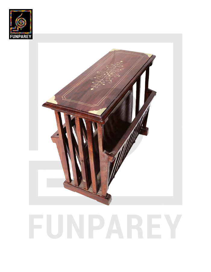 Handmade Wooden Magazine Rack 20" Rectangular with Brass Work