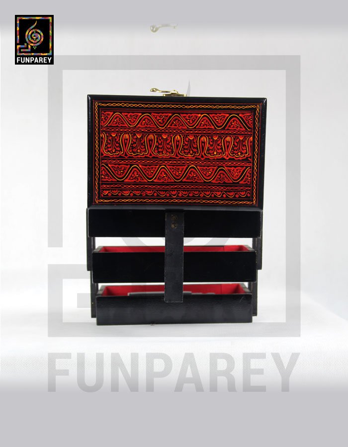 Wooden Cantilever Jewelry Box 8/5 with Nakshi Art Red