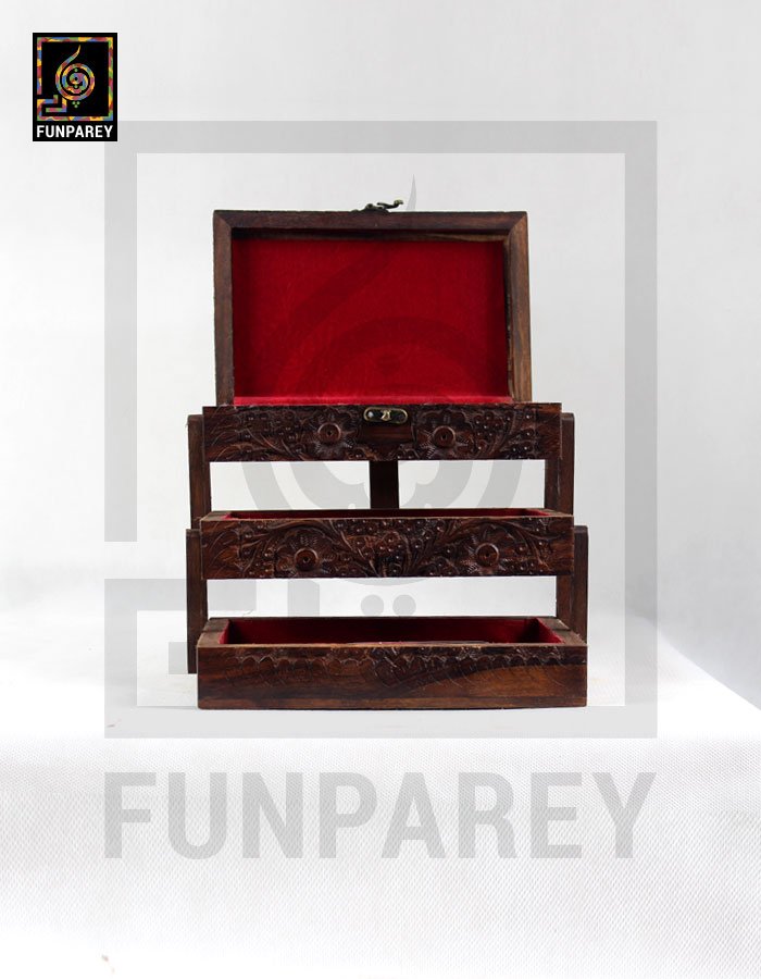 Hand Carved Wooden Cantilever Jewelry Box 6/9