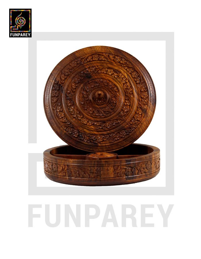 12" Hand Carved Wooden Dry Fruit Bowl Slim With Compartments
