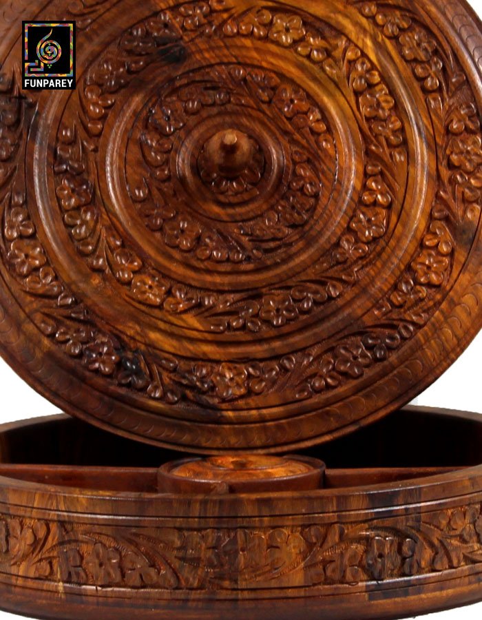 12" Hand Carved Wooden Dry Fruit Bowl Slim With Compartments