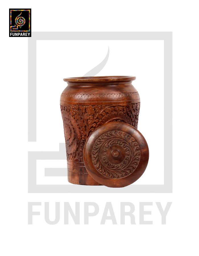 Hand Carved Wooden Jar 12" Cylindrical