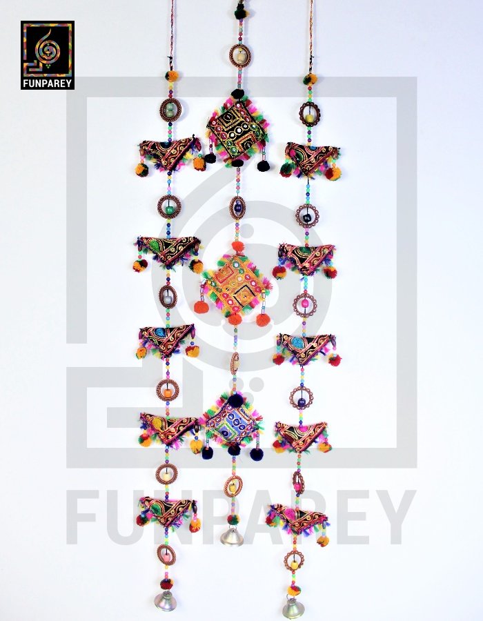 Handmade Antique Embroidered Square Door Chime Set (1 square, 2 Triangle)