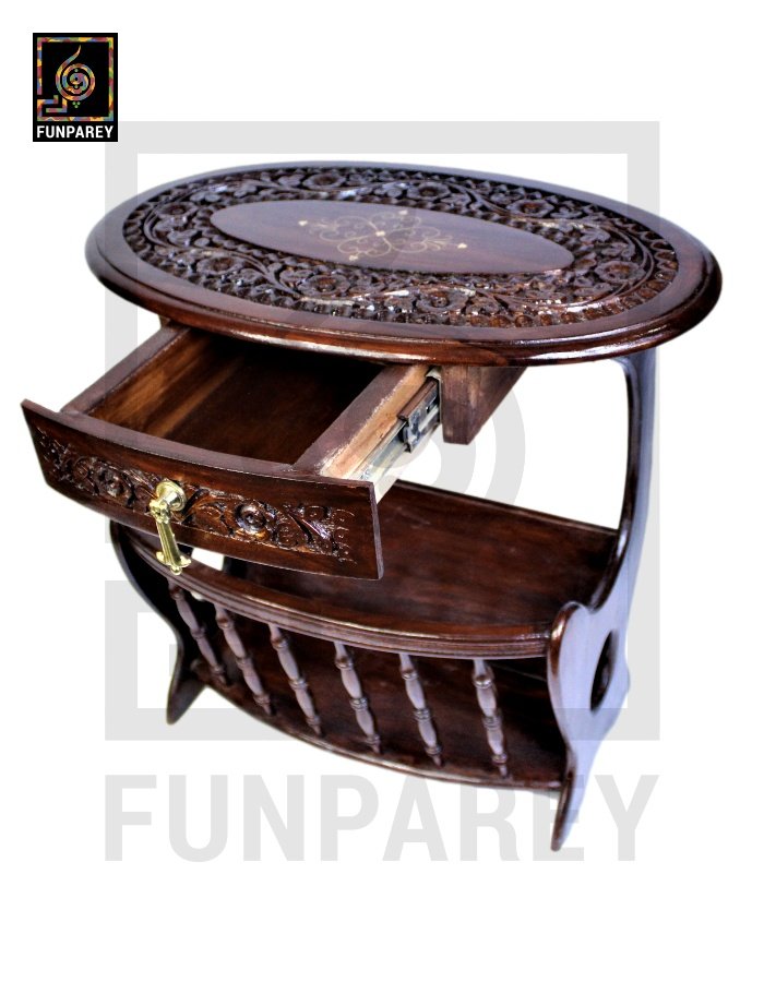 Handmade Wooden Magazine Table 20" with Brass and Caving Work