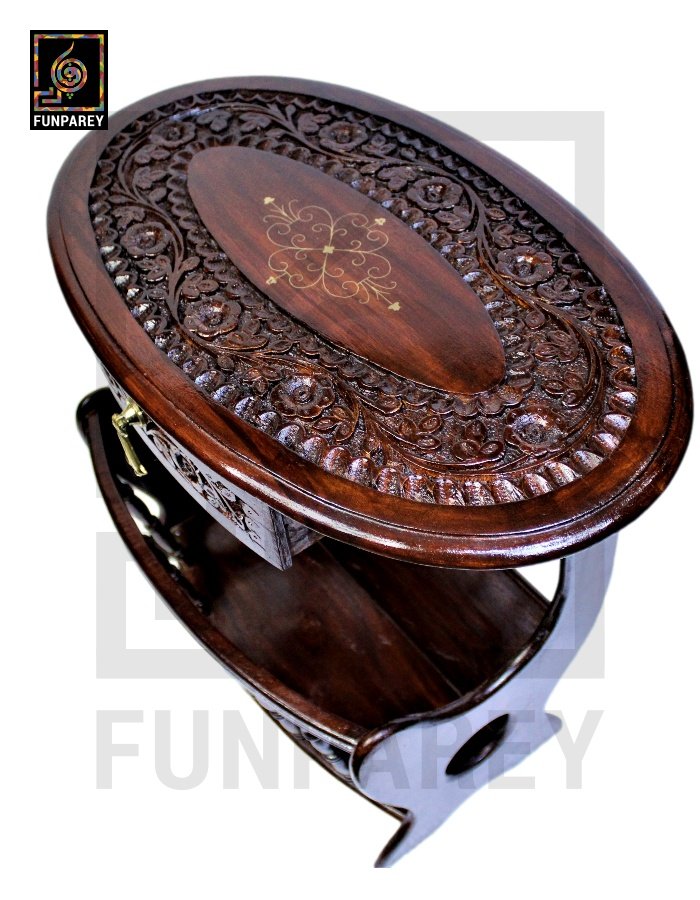 Handmade Wooden Magazine Table 20" with Brass and Caving Work