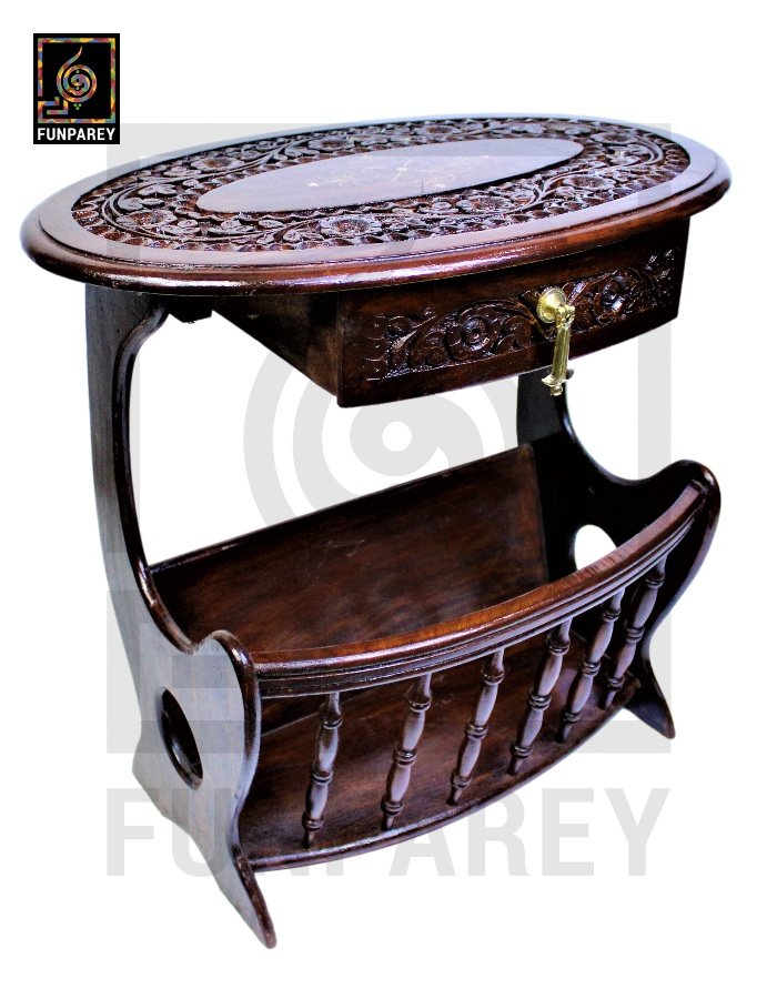 Handmade Wooden Magazine Table 20" with Brass and Caving Work