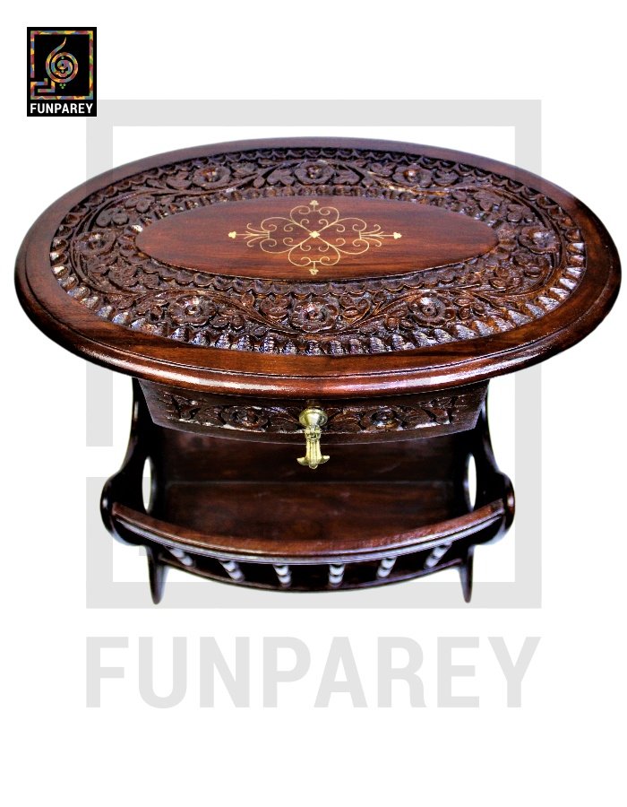 Handmade Wooden Magazine Table 20" with Brass and Caving Work
