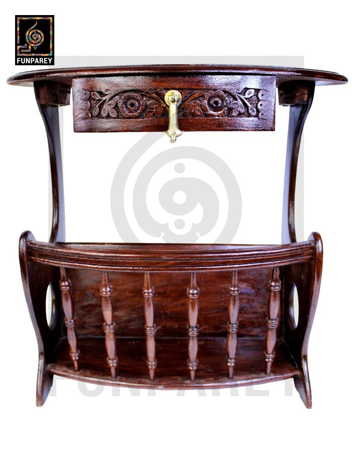 Handmade Wooden Magazine Table 20" with Brass and Caving Work