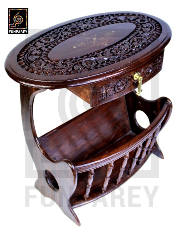 Handmade Wooden Magazine Table 20" with Brass and Caving Work