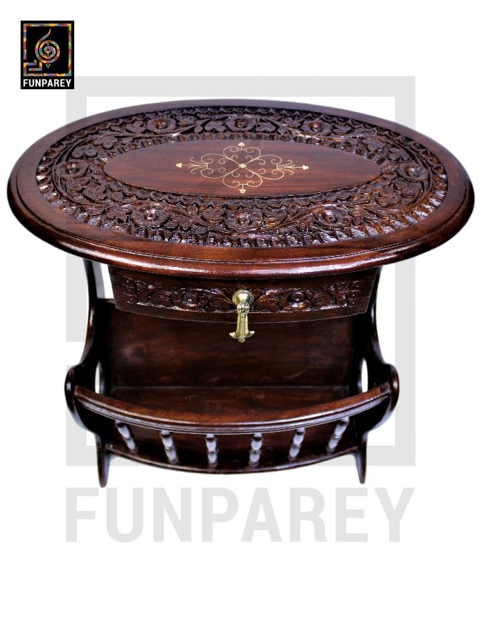 Handmade Wooden Magazine Table 20" with Brass and Caving Work