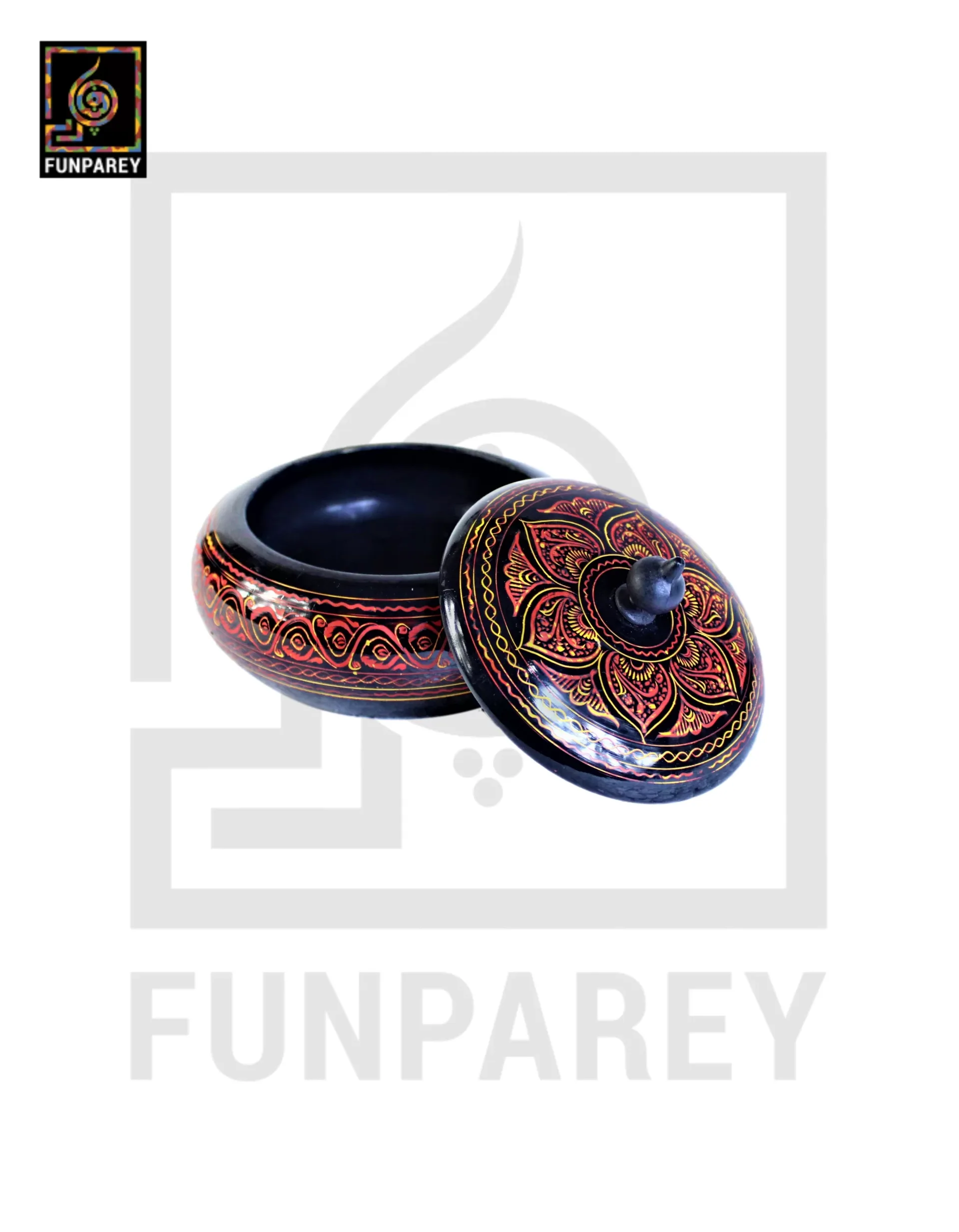 Wooden Candy Bowl 6" with Nakshi Art Red and Yellow