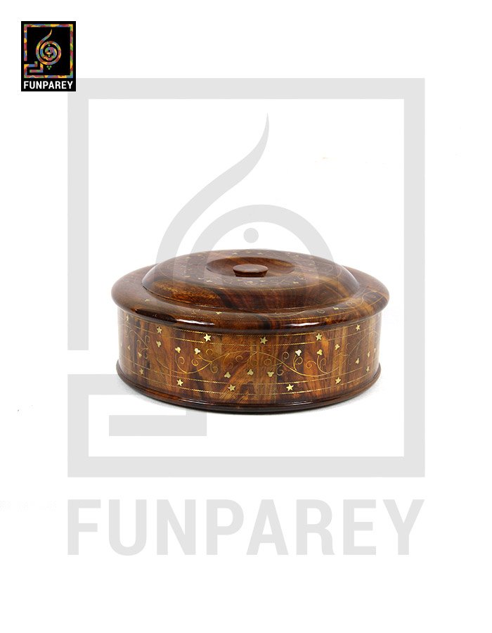 Wooden Hot Pot 12" Cylindrical with Brass Work