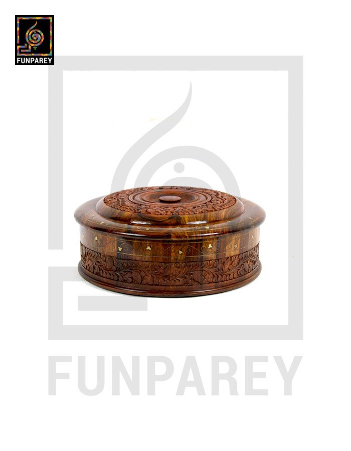 Wooden Hot Pot 12" Cylindrical with Brass and Carving Works