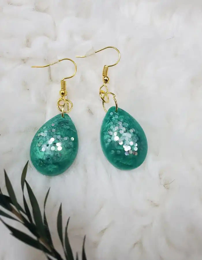 Handcrafted Resin Earrings - Green With Silver Glitters
