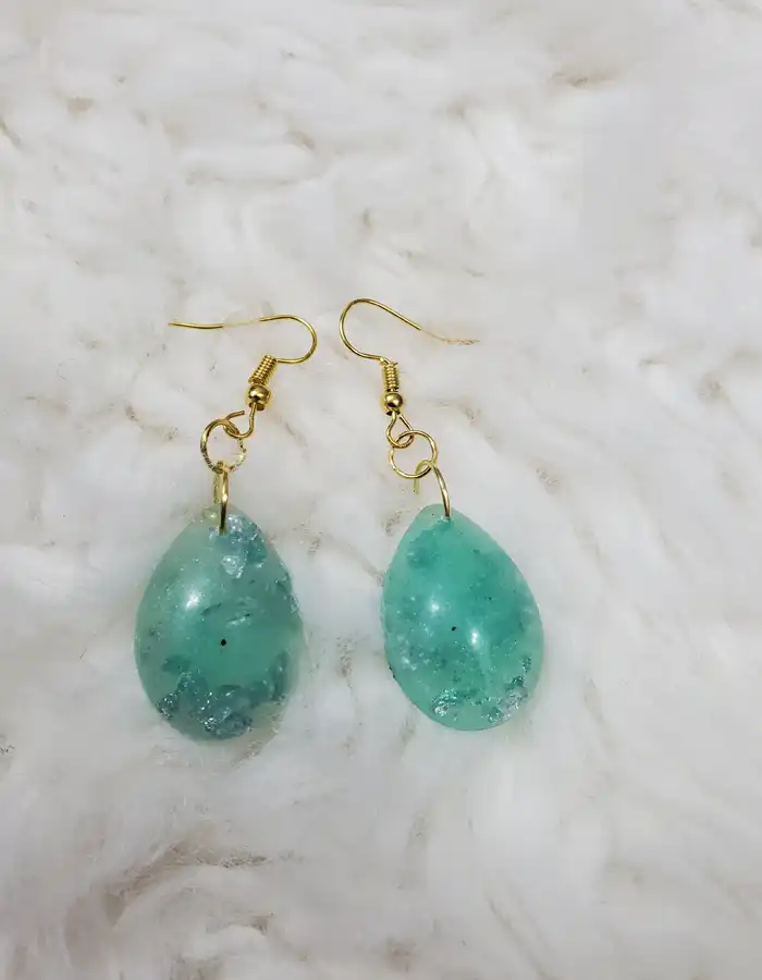 Handcrafted Resin Earrings - Green With Silver Flakes